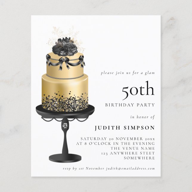 PAPER Glam Cake Florals Gold Black 50. Einladung Flyer (Vorne)