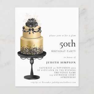 PAPER Glam-Torte Blumen Gold Schwarz 50. Einladung Flyer