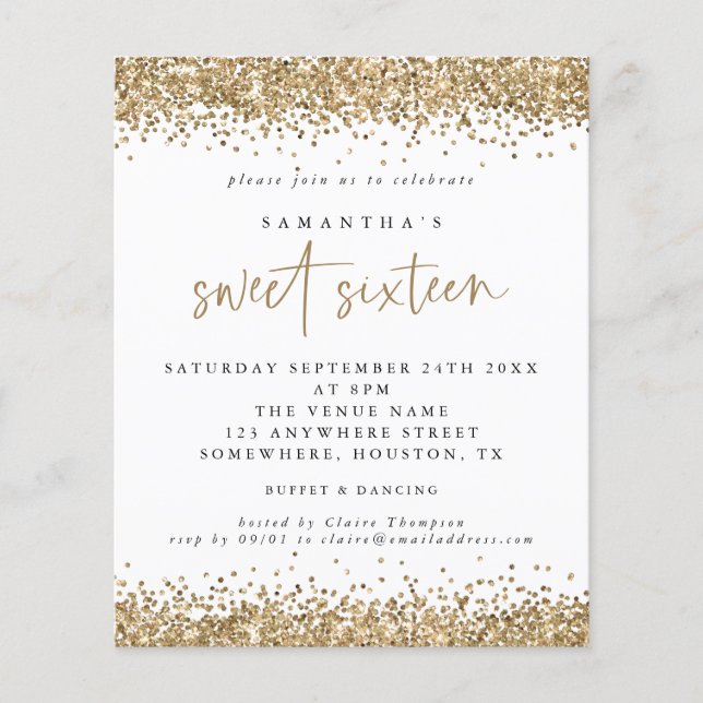 PAPER Gold Glitzer 16 . Geburtstag Party Einladung Flyer (Vorne)
