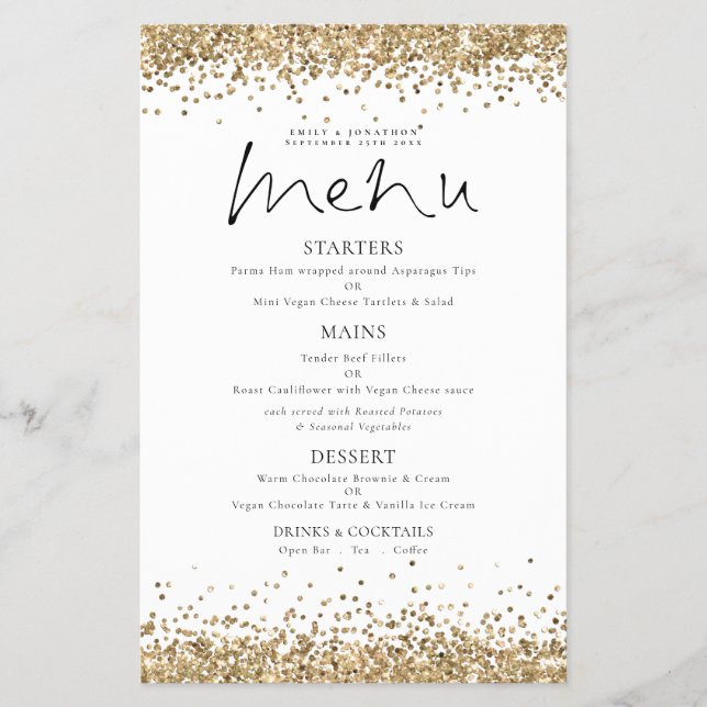 PAPER Gold Glitzer Script Wedding Menu Flyer (Vorne)