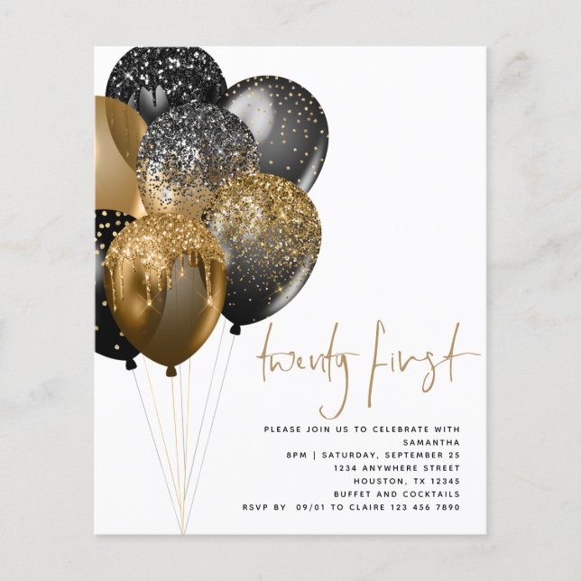 PAPER l Gold Black Balloons 21. Party Einladung Flyer (Vorne)
