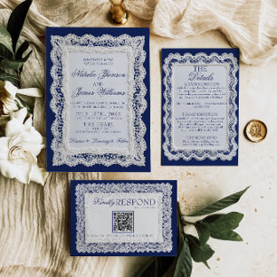 Paper Lace Royale Blue Old Money Doily Hochzeit Einladung