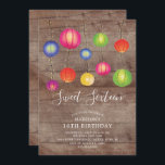 Paper Lantern 16 . Geburtstag Geburtstag Einladung<br><div class="desc">Spaß 16 . Geburtstag Geburtstagsfeier Einladung mit farbenfrohen Papierlaternen Set auf einem rustikalen Holzboden.  Umdreh unsere Einladung nach oben,  um eine koordinierende blaue Rückseite für eine besondere Touch zu sehen.</div>