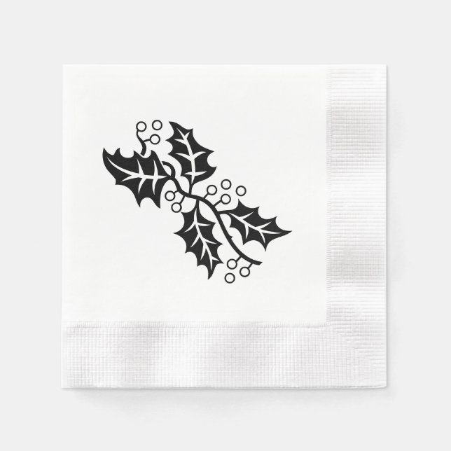 Paper Napkin - Holly-Blätter in Schwarz und Weiß Serviette (Vorderseite)