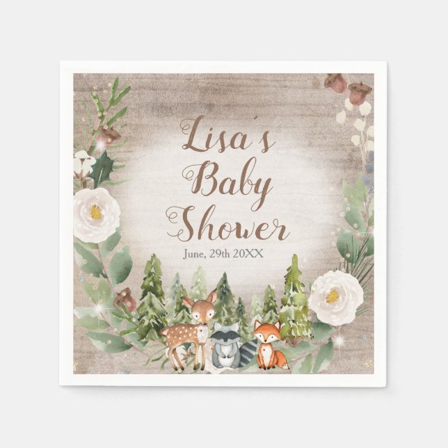 Paper Napkin Winter Woodland Animals White Floral Serviette (Vorderseite)