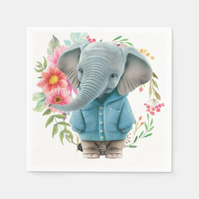 Paper Napkins Happy Blue Elephant Floral Serviette (Vorderseite)