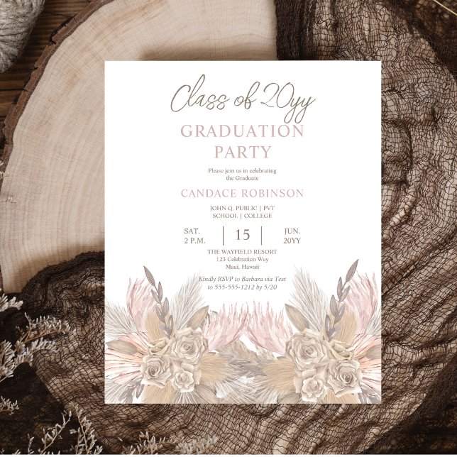 PAPER Pampas | Rose Neutrale Grad Party Einladung Flyer (PAPER Pampas Grass and Roses Mocha and Neutral-Toned Graduation Party Invitation)