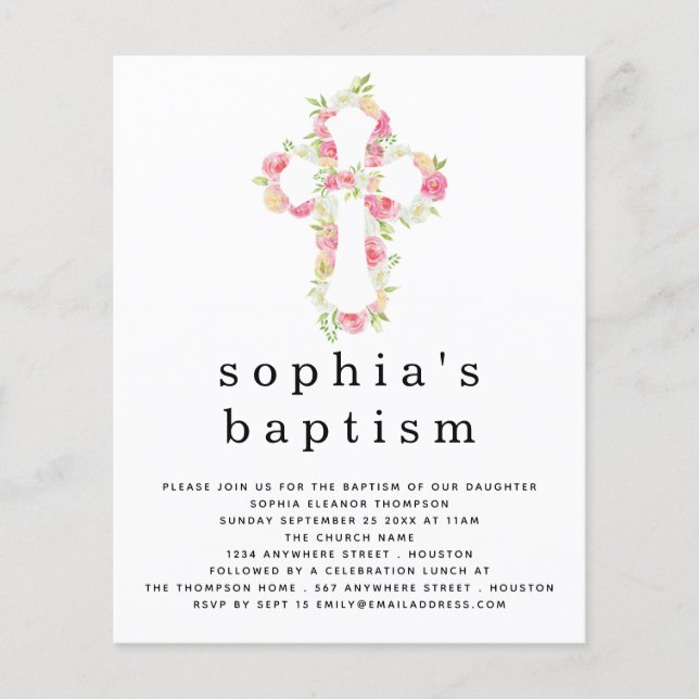PAPER Pink Florals Cross Taufe Einladung Flyer (Vorne)