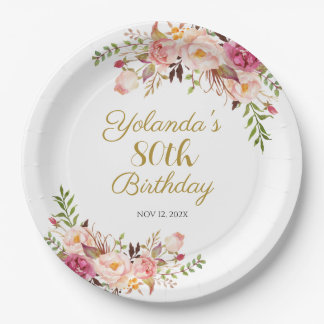 Paper Plate Adult 80th Birthday, Elegant Floral Pappteller