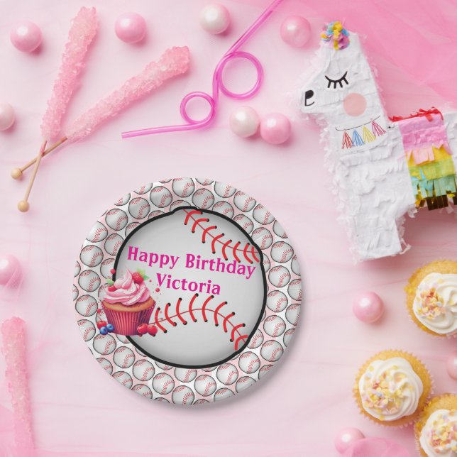 Paper Plates, Pink  White Stripe Birthday Baseball Pappteller (Party)