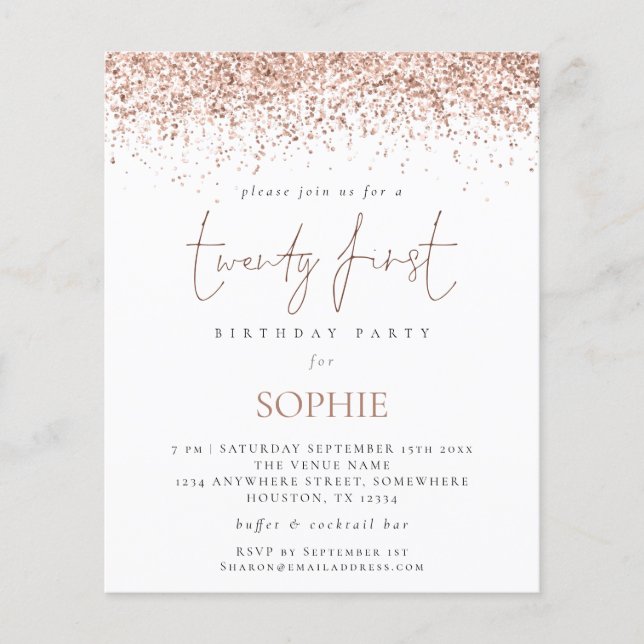 PAPER Rose Gold Glitzer Einladung 21. Party Flyer (Vorne)