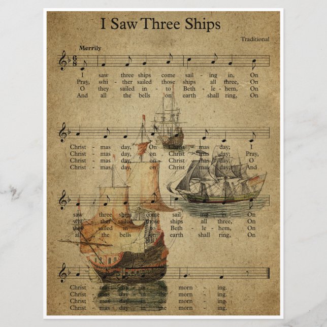 Paper Sheet Music Art - Ich habe drei Schiffe gese (Vorderseite)