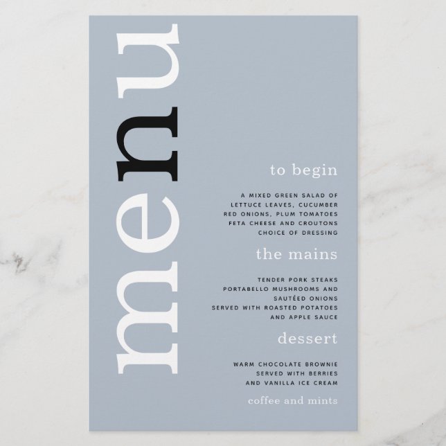 PAPER Simple Dusty Blue Typografy Wedding Menu Flyer (Vorne)