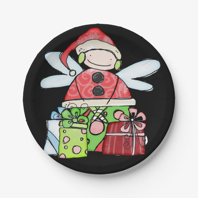 Paper Teller, Frohe Weihnachtsangel Santa Black Pappteller (Vorderseite)
