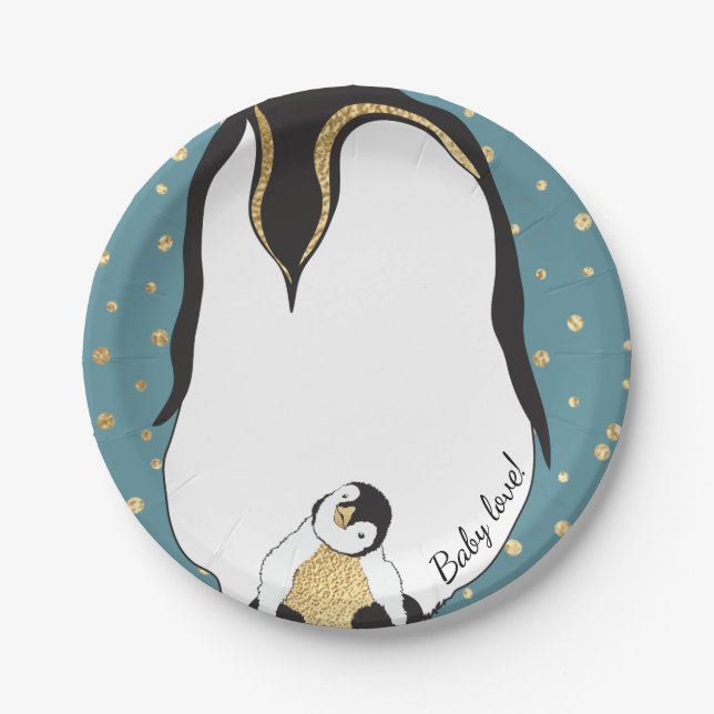 Paper Teller "Gold Baby & Mommy Penguins Blue" (Vorderseite)