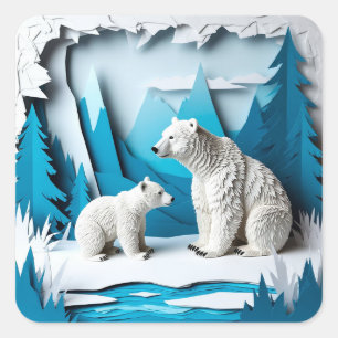 Papercraft-Szene mit Eisbären in blauer arktischer Quadratischer Aufkleber