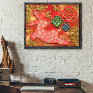 Papercut Blume Rotes Gold Kaninchen Chinesisches N Poster