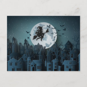 Papercut Halloween Hexe fliegt über Stadt Postkarte