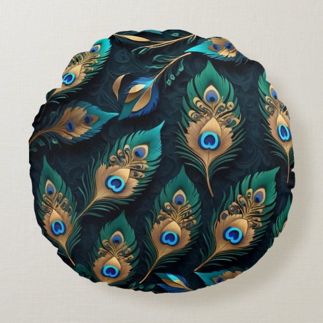 Papercut Peacock Feathers Pattern Rundes Kissen (Vorderseite)
