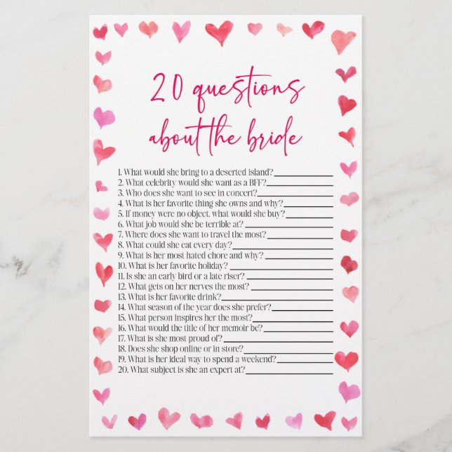 Papeterie 20 Questions About The Bride Bridal Shower Game  (Devant)