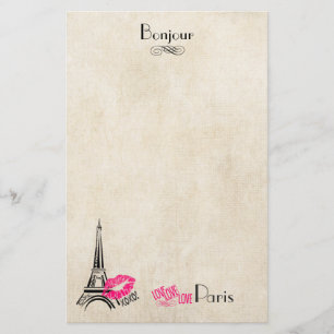 Papeterie Amour Paris avec la Tour Eiffel sur Parchemin Text