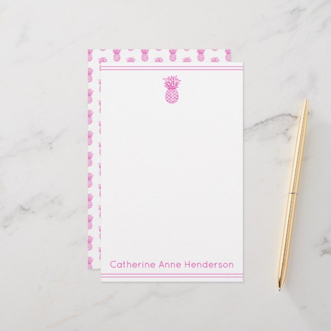 Papeterie Ananas rose tropicale Preppy Personnalisé (Devant/Arrière en situation)