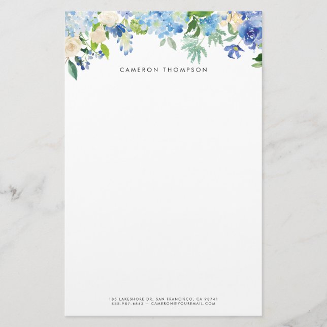 Papeterie Aquarelle Blue Hydrangeas et blanc Roses Floral (Devant)