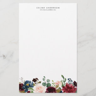 Papeterie Aquarelle Bourgogne et marine Fleurs bleues Garlan