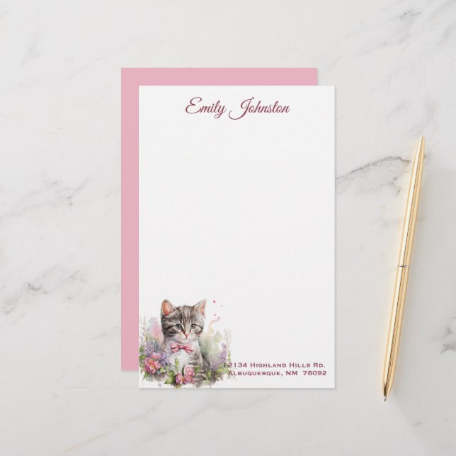 Papeterie Aquarelle Chat en Fleurs Papier à lettres personna (Devant/Arrière en situation)
