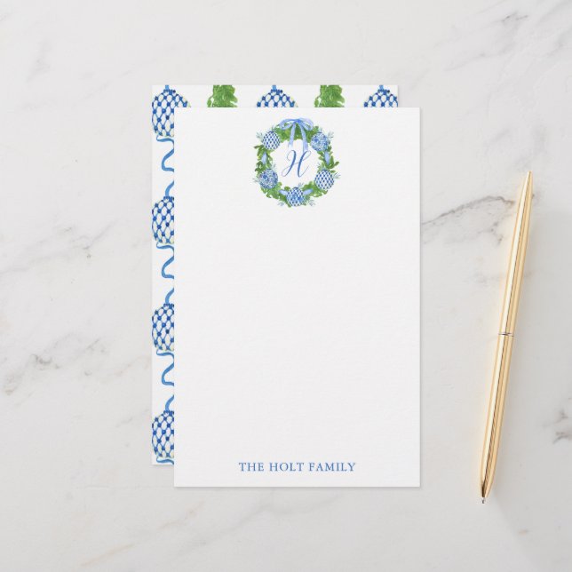 Papeterie Aquarelle Chinoiserie Wreath Monogramme Noël (Devant/Arrière en situation)