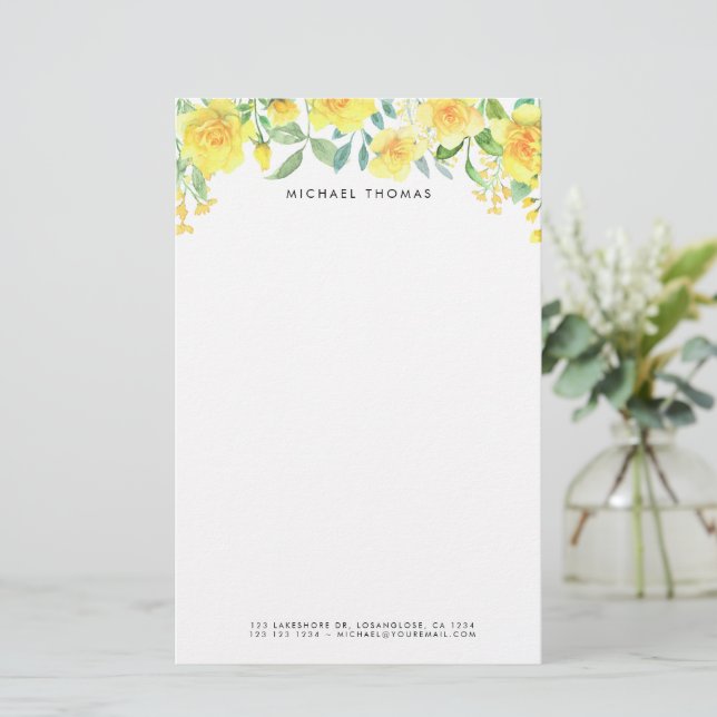 Papeterie Aquarelle Jaune Fleurs d'été Personnalisées (Debout devant)