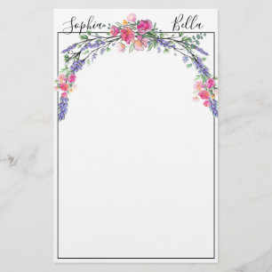 Papeterie Aquarelle Lavande rose Rose sauvage et Eucalyptus