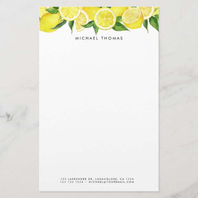 Papeterie Aquarelle Lumineuse Citron Jaune Personnalisé (Devant)