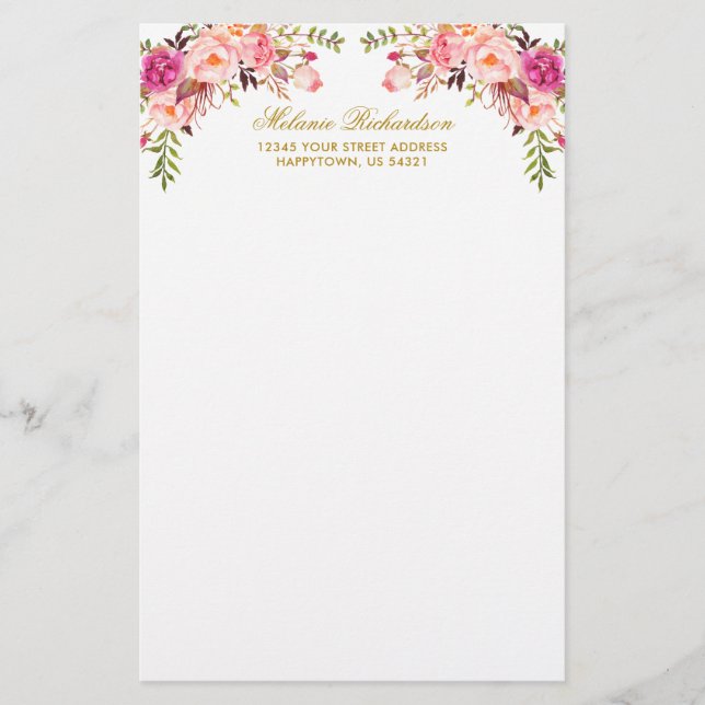 Papeterie Aquarelle rose Blush Floral Or Personnalisé (Devant)