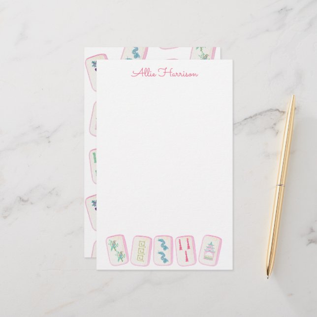 Papeterie Aquarelle rose et vert Mahjong Carreaux Personnali (Devant/Arrière en situation)