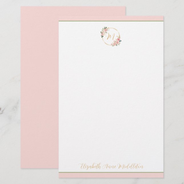 Papeterie Aquarelle rose et verte Monogramme de couronne flo (Devant / Derrière)