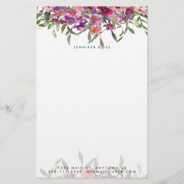 Papeterie Aquarelle rose floral personnalisé (Devant)