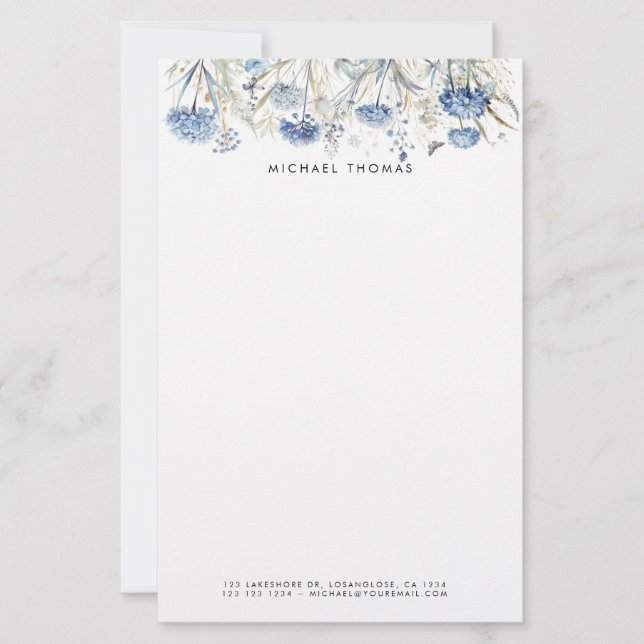 Papeterie Aquarelle rustique Dusty Blue Hydrangeas Floral (Devant)