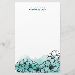Papeterie Aquarelle turquoise Floral Line Art Name Monogramm