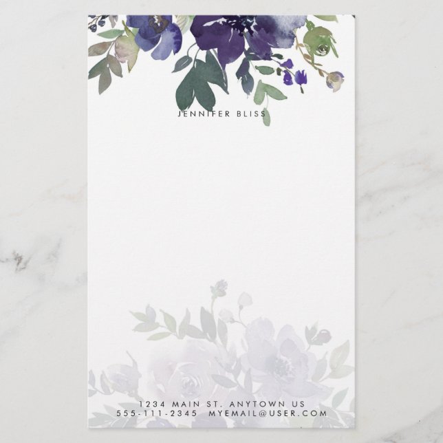 Papeterie Aquarelle violette florale personnalisée (Devant)