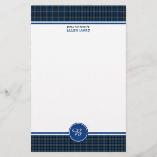 Papeterie Baird Famille Tartan bleu et vert Paid Monogramme