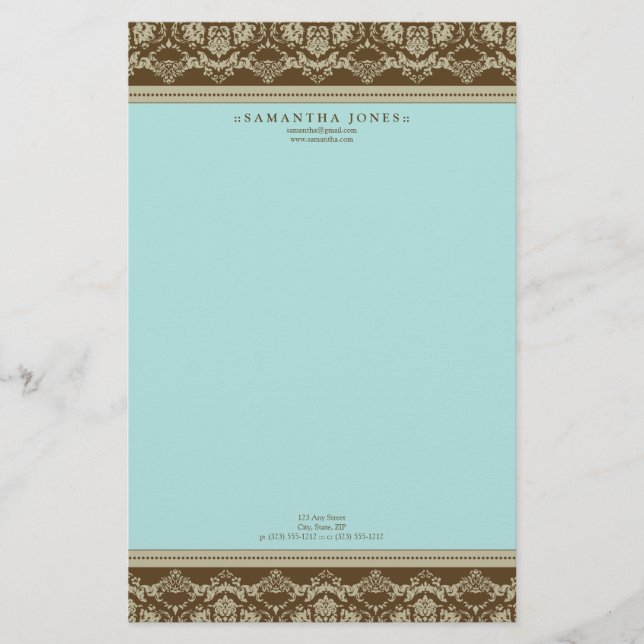 Papeterie Baroque Damask Designer Papier à lettres :: aqua (Devant)