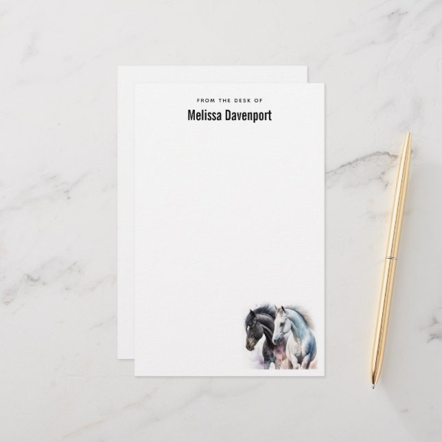 Papeterie Beaux Chevaux en Aquarelle (Devant/Arrière en situation)