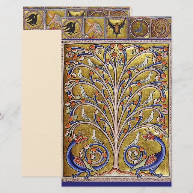 PAPETERIE BESTIAIRE MÉDIÉVAL, OISEAUX SUR L'ARBRE DE VIE, DR (Devant / Derrière)