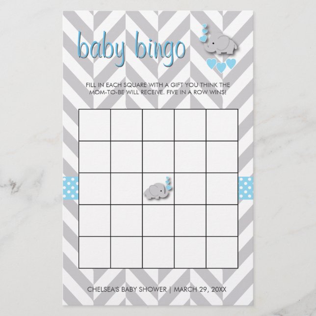 Papeterie Bingo de Baby shower bleu et gris doux (Devant)