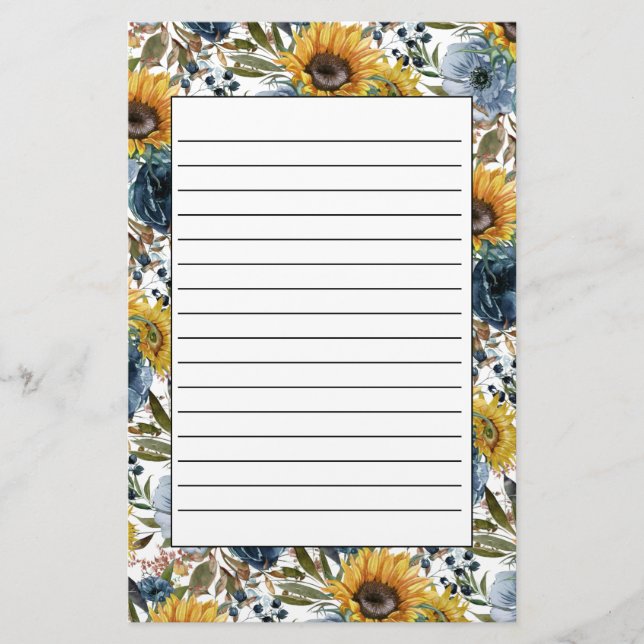 Papeterie Bleu floral bleu Fleurs de soleil jaunes blanc (Devant)