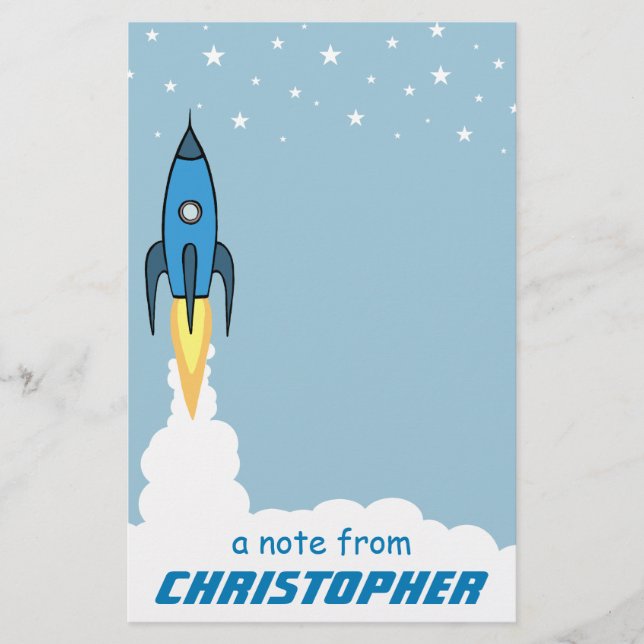 Papeterie Blue Rocket Ship External Space Kids Nom monogramm (Devant)