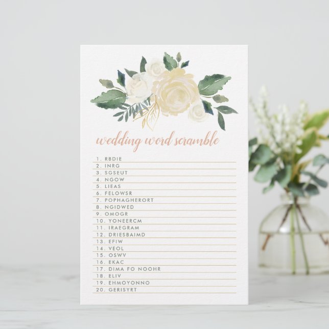 Papeterie Blush Gold Vert Floral Mariage Mot Jeu Scramble (Debout devant)