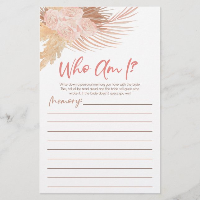 Papeterie Boho Pink Floral Qui Suis-Je Fête des mariées Jeu (Devant)