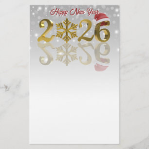 Papeterie Bonne année Or 2026 Chapeau de Père Noël et floc
